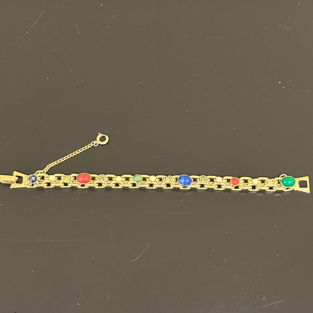 Vintage Gold Tone Multi Color Cabochon Faux Pearl Link Bracelet